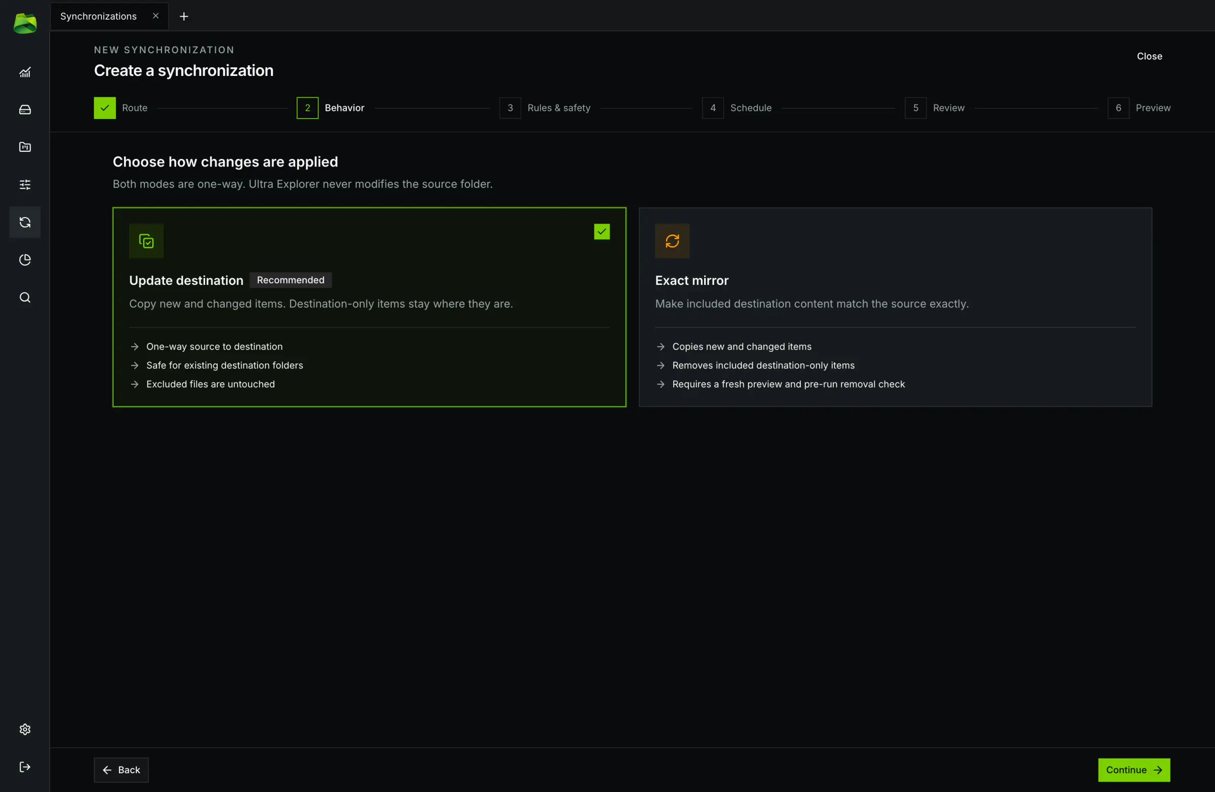 Choose between safe Update mode (no remote files deleted) or strict Exact Mirror mode with safety guardrails.