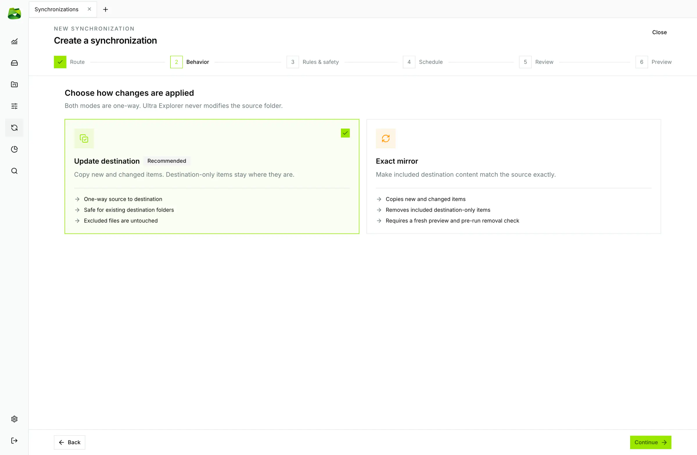 Choose between safe Update mode (no remote files deleted) or strict Exact Mirror mode with safety guardrails.