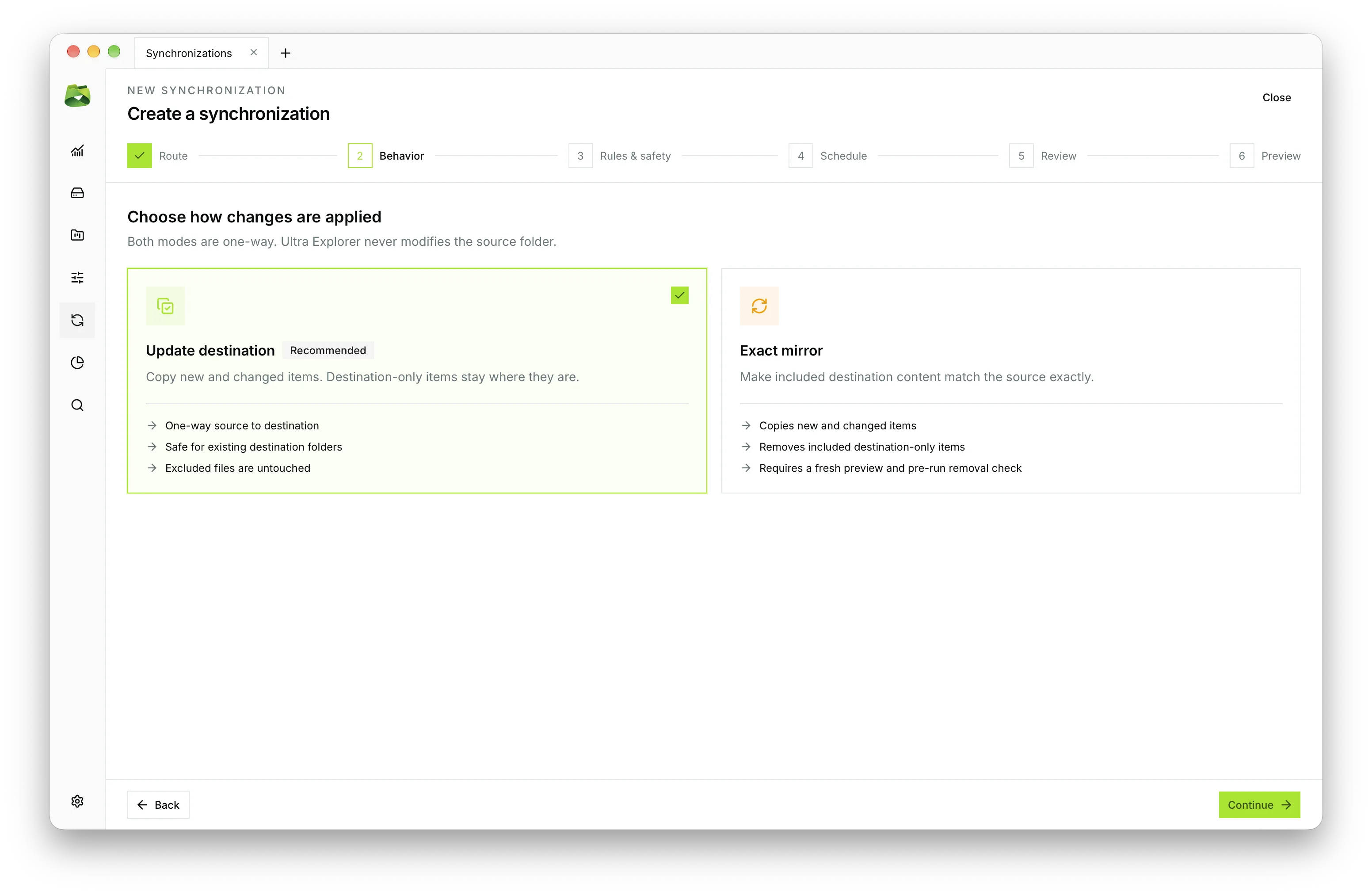 Step 2: Choosing between Safe Update mode and Exact Mirror mode.