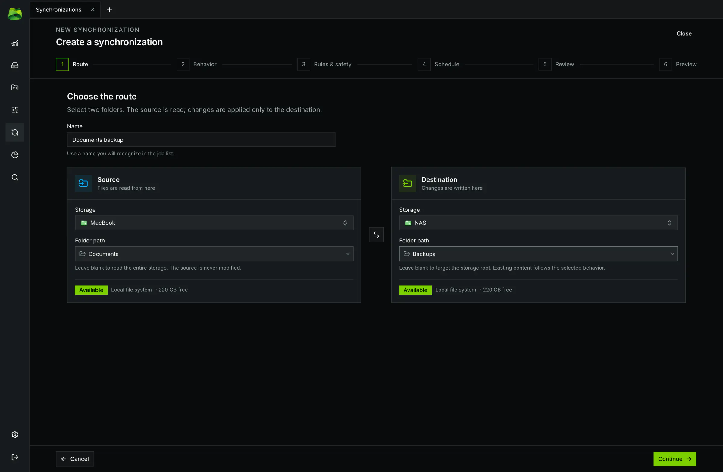 Precisely select source and target directories among all your connected storages (local, Google Drive, S3, NAS).