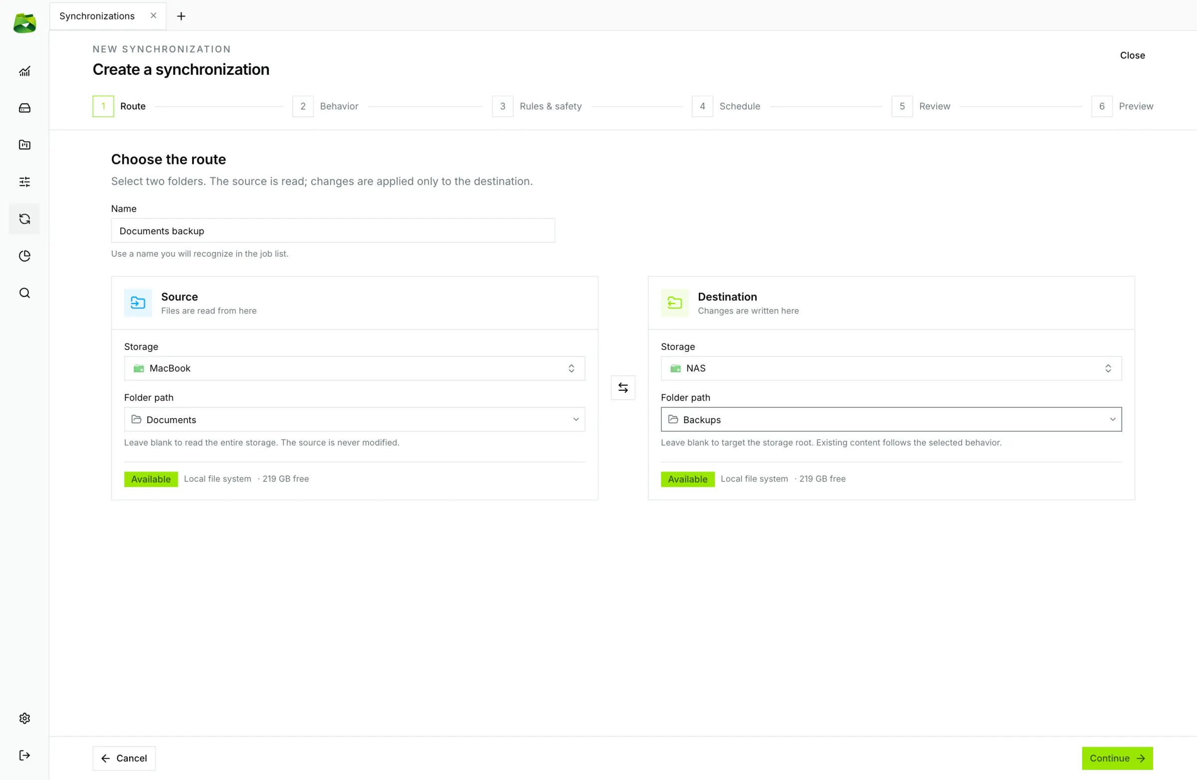 Precisely select source and target directories among all your connected storages (local, Google Drive, S3, NAS).