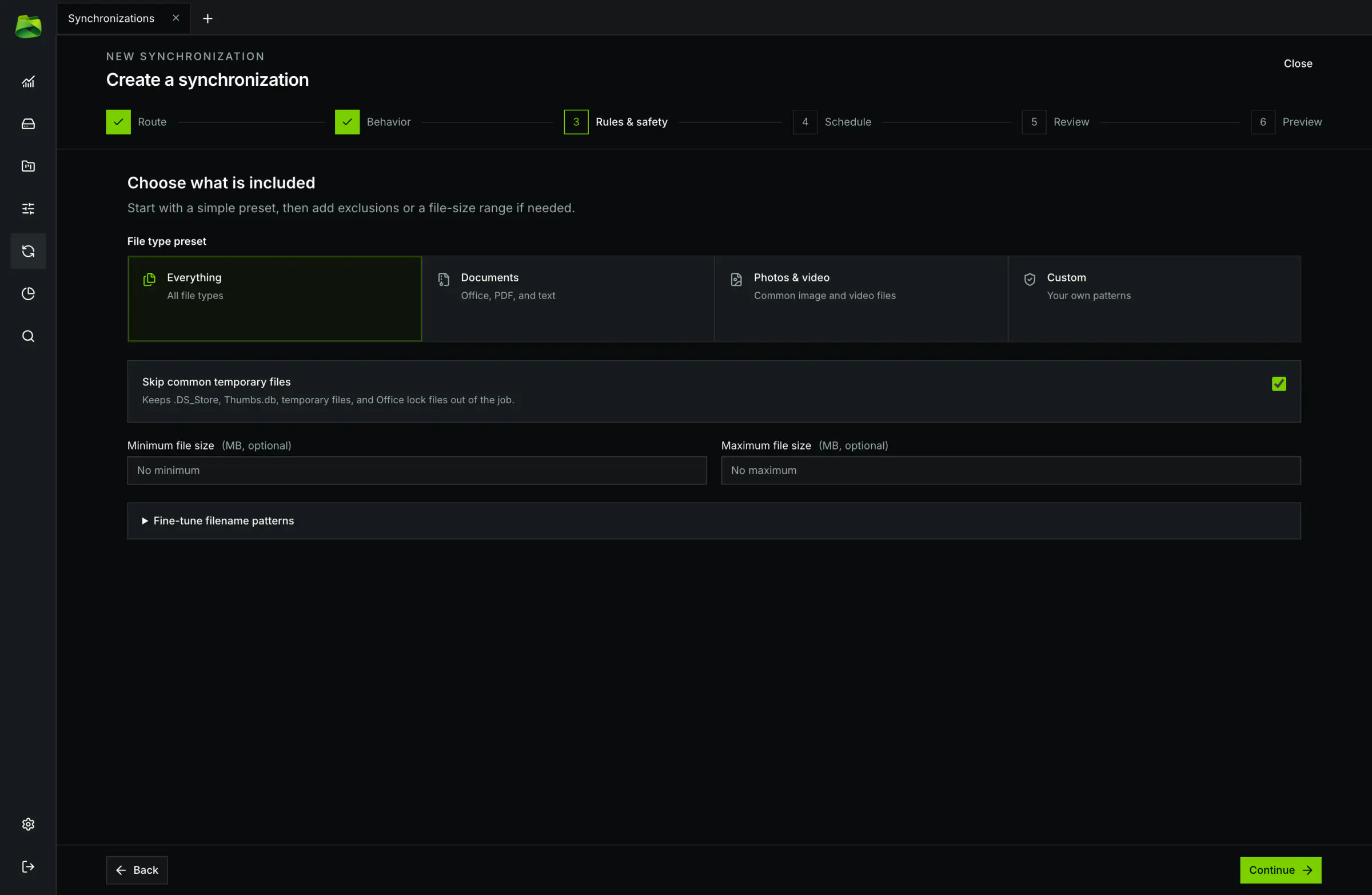 Set inclusion/exclusion rules by filename patterns (*.tmp, .DS_Store) and file size thresholds.