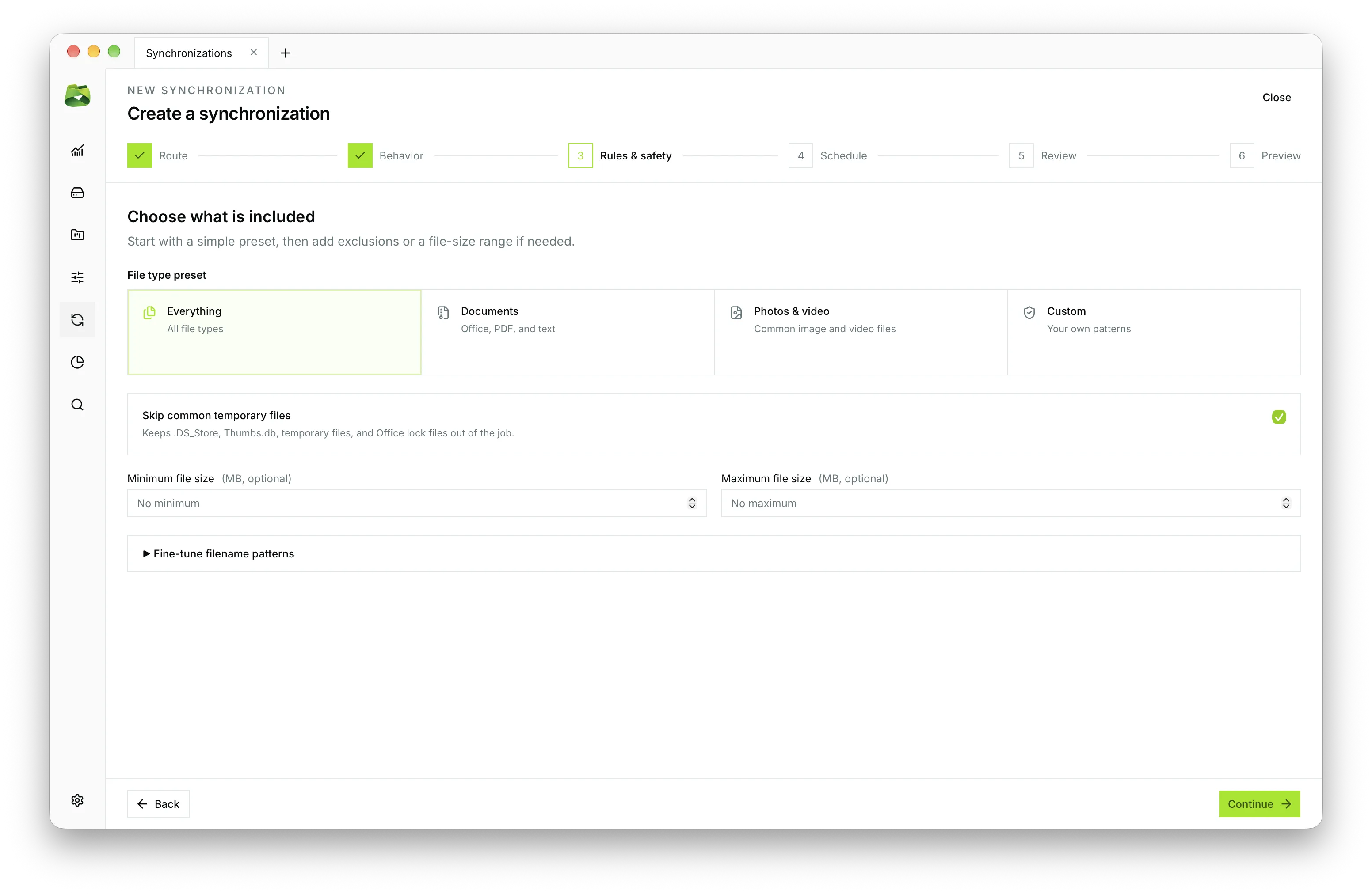 Step 3: Exclusion filter rules by pattern (*.tmp) and file size boundary limits.