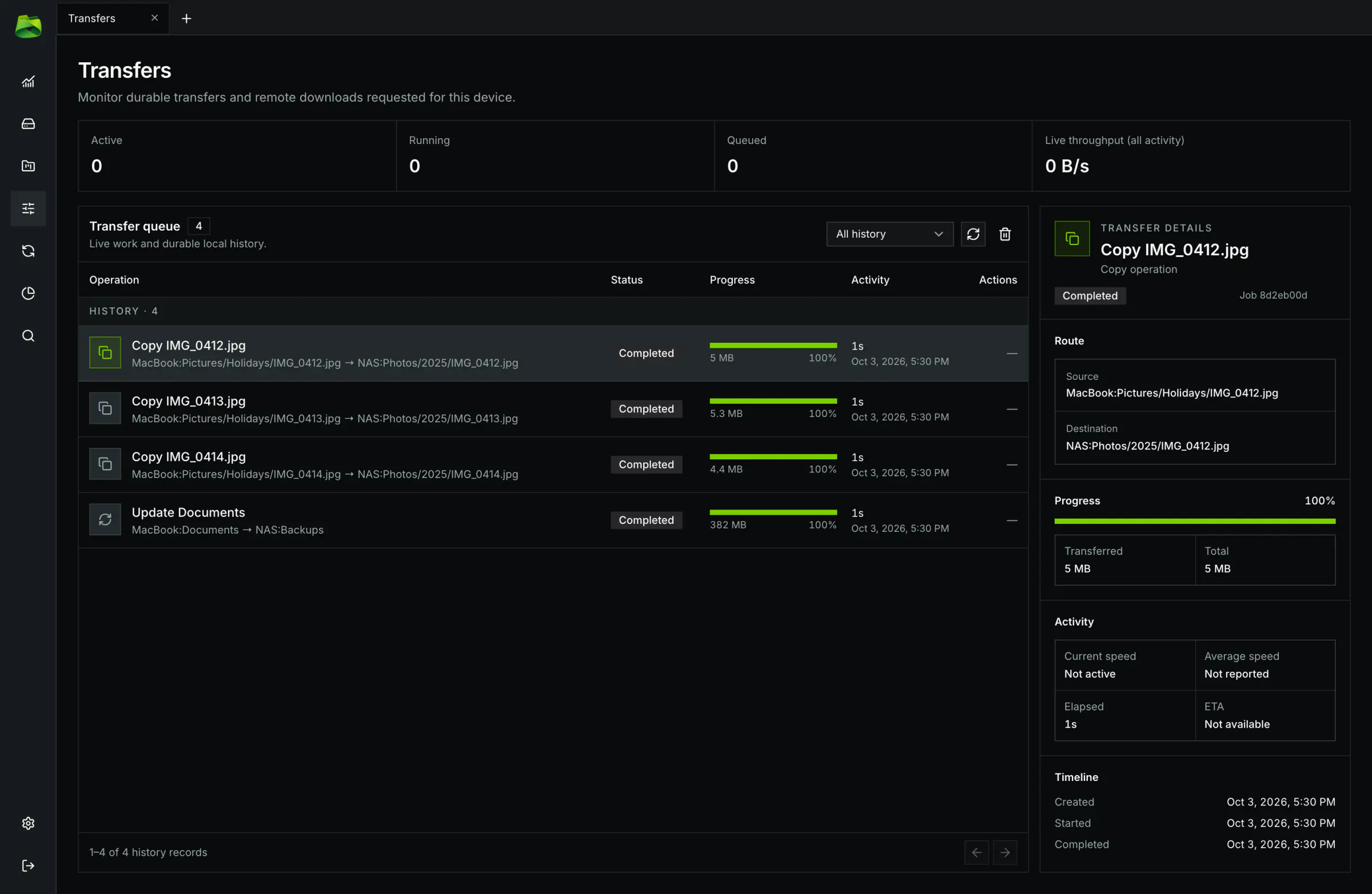 Dedicated transfers workspace with live bandwidth metrics, FIFO queue, and complete history.
