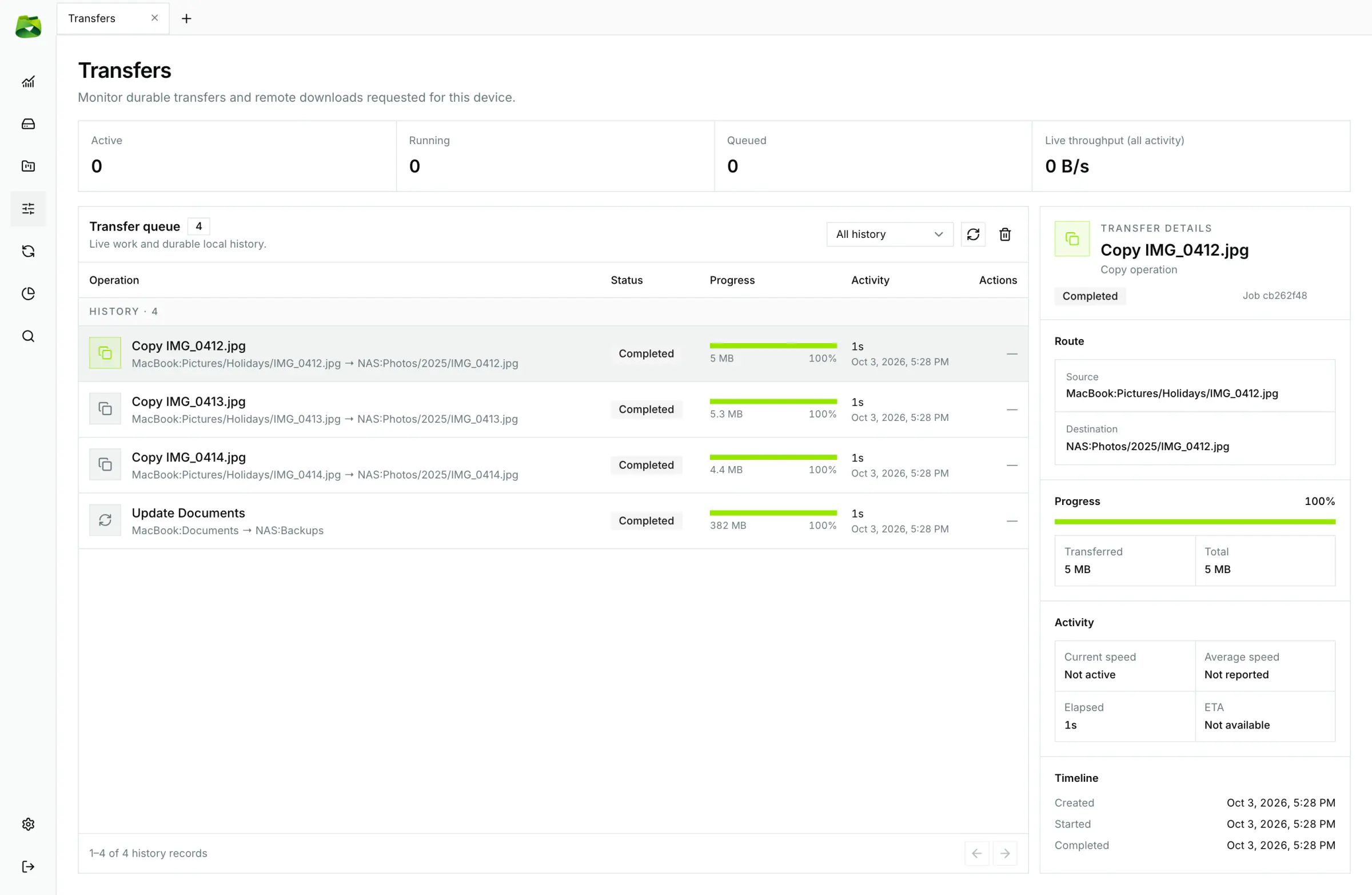 Dedicated transfers workspace with live bandwidth metrics, FIFO queue, and complete history.
