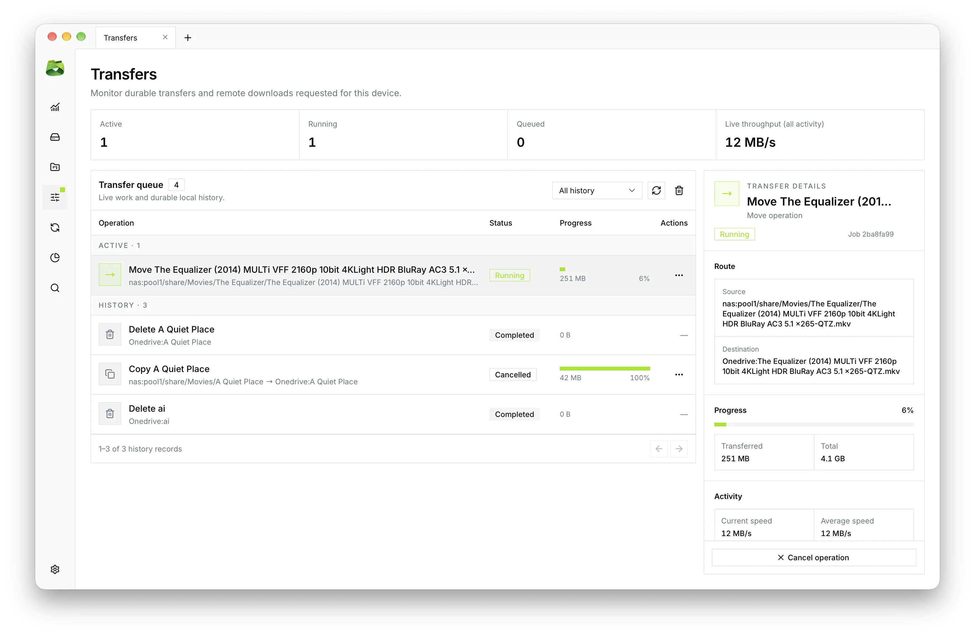 Dedicated transfers workspace with live bandwidth metrics, FIFO queue, and complete history.