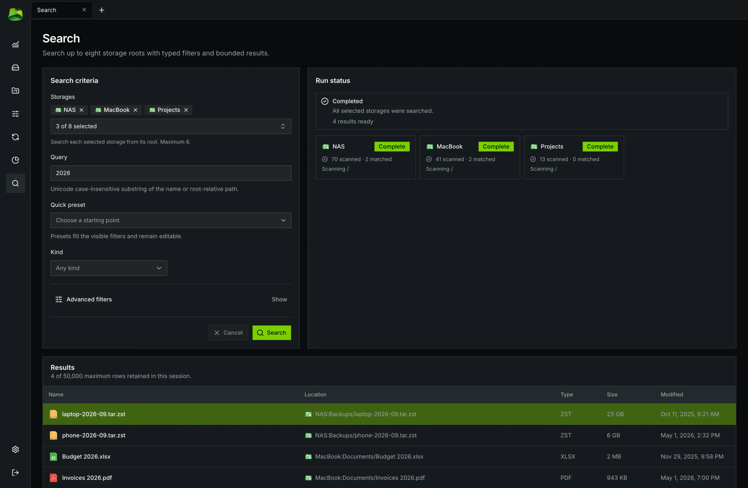 Simultaneous search across multiple remotes with quick filters and real-time progress indicators.