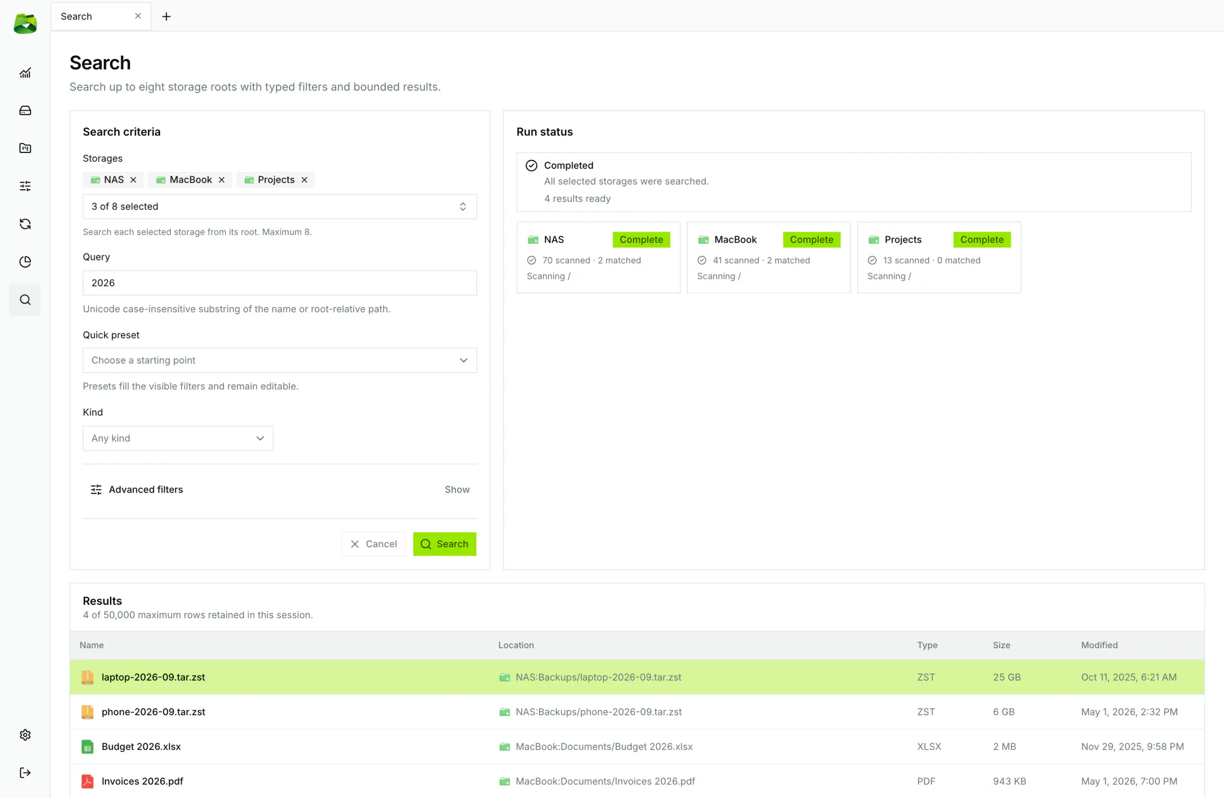 Simultaneous search across multiple remotes with quick filters and real-time progress indicators.